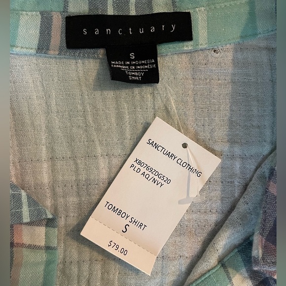 NWT Sanctuary Women’s Tomboy Shirt Plaid Aqua and Navy - Picture 2 of 4